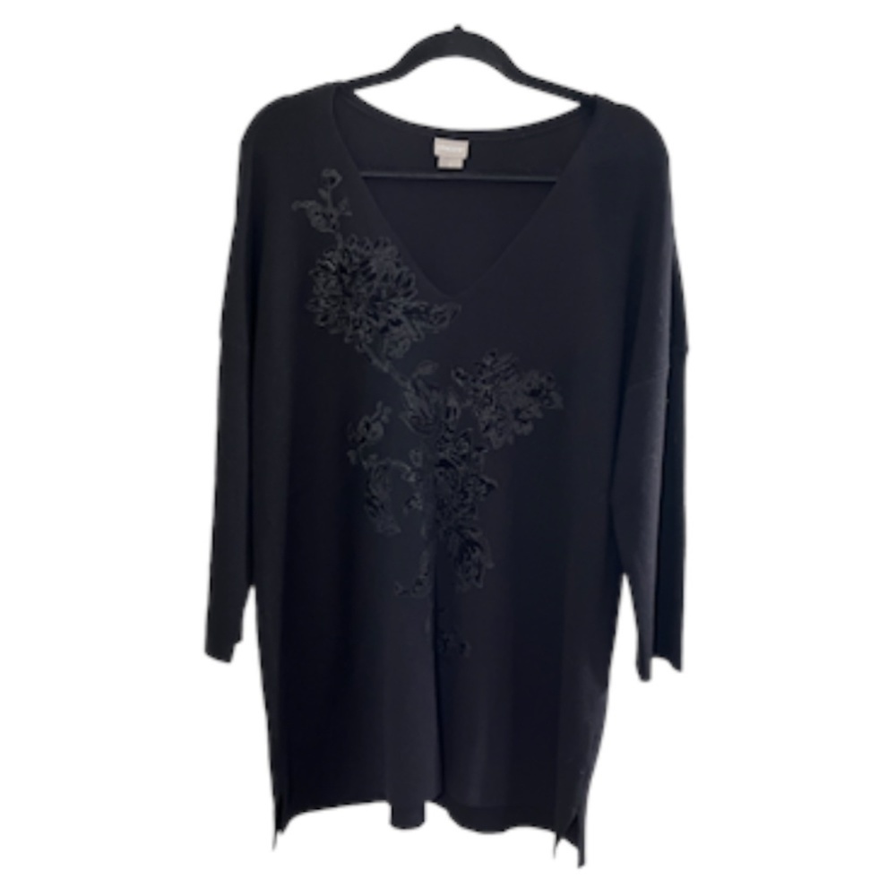 Chicos‎ Sweater Women 12 Black Pullover Floral Whimsigoth Fairy Neutral Capsule